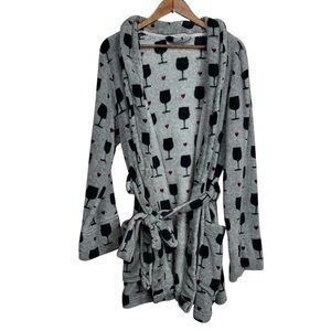 PJ Salvage Gray Robe with Black and Wine Glasses Comfy Relax Coverup